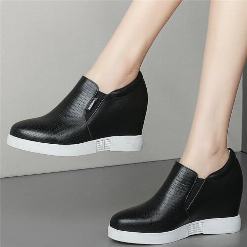 Fashion Sneakers Women Genuine Leather Wedges High Heel Ankle Boots Female Breathable Round Toe Platform Pumps Shoe Casual Shoes