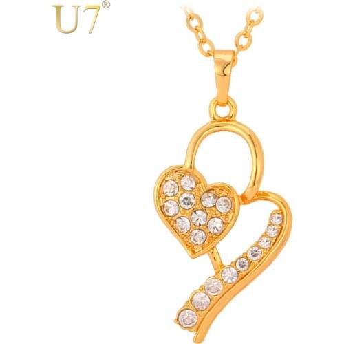 U7 Heart Pendant For Love Gift Women Gold/Silver Color Romantic Rhinestone Jewelry Unique Design Heart Necklace P464