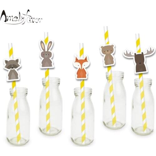 Woodland Animals Theme Party Straws Woodland Animal NO.4 Straw Paper Straws Kids Birthday Baby Shower Party Decorations Supplies
