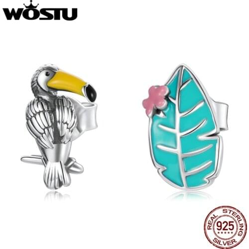 Wostu 925 Sterling Silver Earring Enamel Bird and Leaf Plant Gift Silver Stud Earrings for Women Fine Jewelry Brincos DXE1083