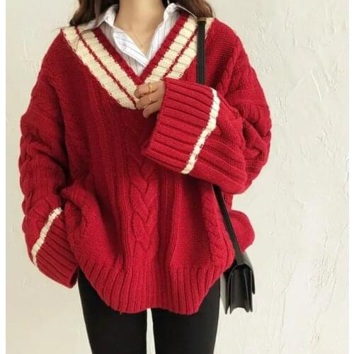 Ladies 2020 sweater thickened v-neck sweater female students autumn and winter college style loose wild retro twist knit jersey