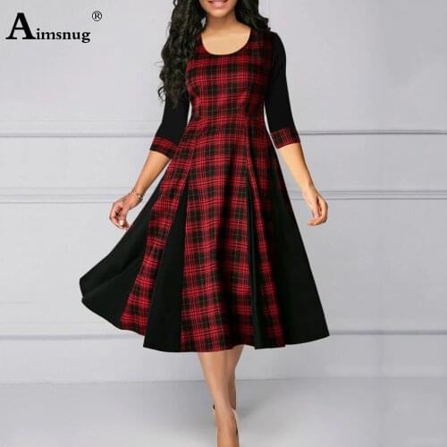 Plus size 4xl 5xl Women Elegant Mid-Calf Dress Three Quarter Sleeve Patchwork Plaid Dresses Femme Vintage 2020 Loose Party Dress