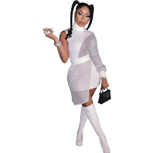 One Shoulder Women Mini Dress Irregular 2021 Autumn New Fashion Patchwork Dress High Street Sheer Sexy Club Party Vestidos