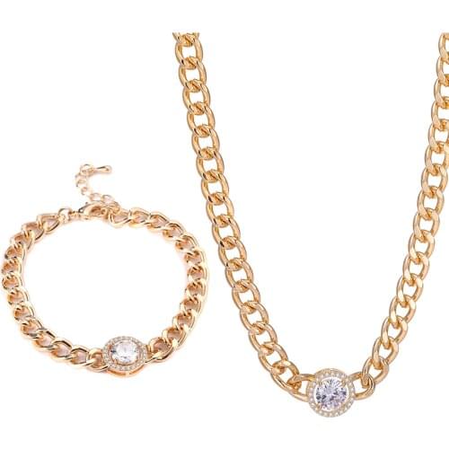 Gold Bracelet Necklace Jewelry Set for Women Accessories Small CZ Zircon Round Pendant Wedding Party Chokers Boho Jewelry 2020