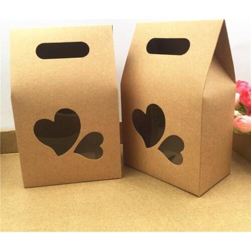 10Pcs Kraft Paper Food Bag Double Heart with Handle Craft Packaging Bag with PVC Window for Storing Dried small Food candy