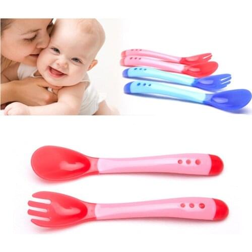 2pcs/lot Children Utensil Temperature Sensing Baby Spoon Fork Set Baby Feeding
