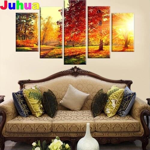 5 Pcs Sunset Landscape Art Autumn Scenery 5d diy diamond painting full drill mosaic diamond stitch embroidery gift home decor