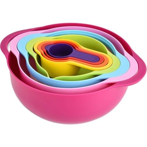 8pcs Plastic Mixing Bowls Set Rainbow Stackable Bowls Multifunction Measuring Cups Sieve Strainer Colander Kitchen Cooking Tools