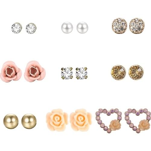 9 Pairs/set Fashion GolRhinestone Stud Earrings For Women Girls Trendy Lovely Fox Frog Fawn Stud Earrings Girl Jewelry Best Gift