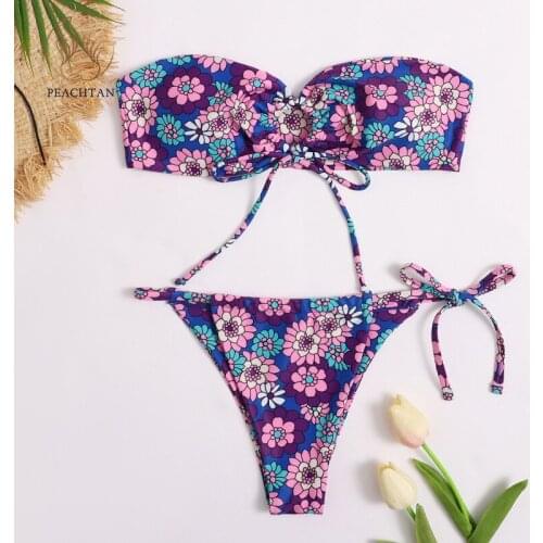 Peachtan Bandeau bikini 2021 Micro swimsuit women Floral print swimwear female Off-shoulder bathing suit Sexy beach wear bquini