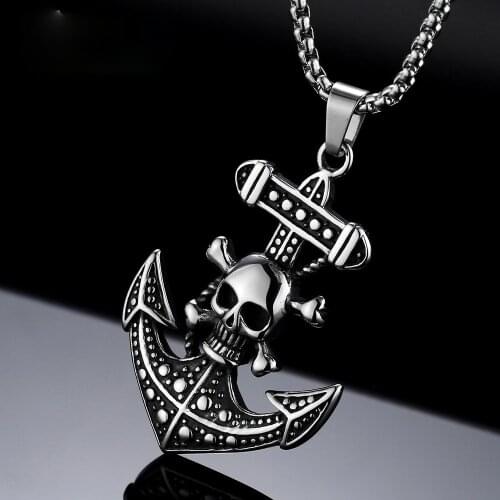 MIQIAO Stainless Steel Titanium Anchors Skull Punk Ship Pendant Collar Chains Necklace for Men Women Couple Friends Gift Jewelry
