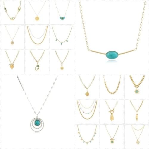 Elegant Female Pendant Necklace High Quality Stainless Steel Turquoise Choker Necklace 14K Metal Texture Jewelry Collier Femme