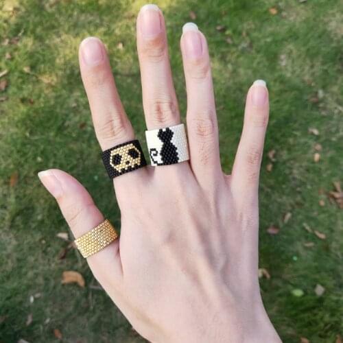 FAIRYWOO Flower Cute Girl Ethnic Ring Gothic Cat Black Punk Skeleton Ring Set Miyuki Beaded Fashion Jewelry For Woman Party Gift