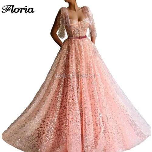 Kaftan Pink Sequins Long Evening Dresses With Belt Robe De Soiree Turkish Arabic Mermaid Prom Dress Dubai New Gowns Abendkleider