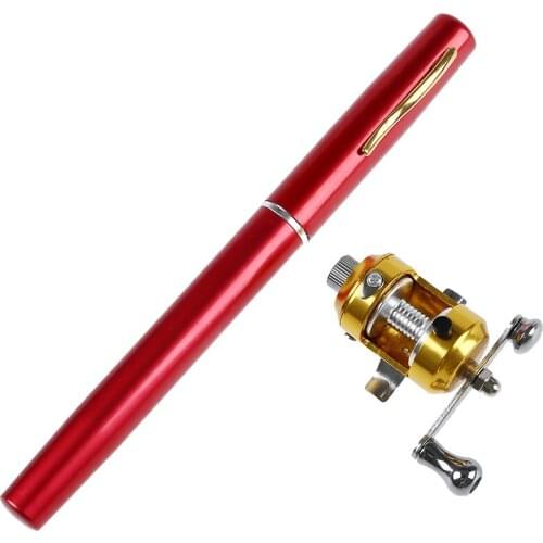 MINI POCKET PEN FISHING ROD POLE WITH GOLDEN BAITCASTING REEL SET-red