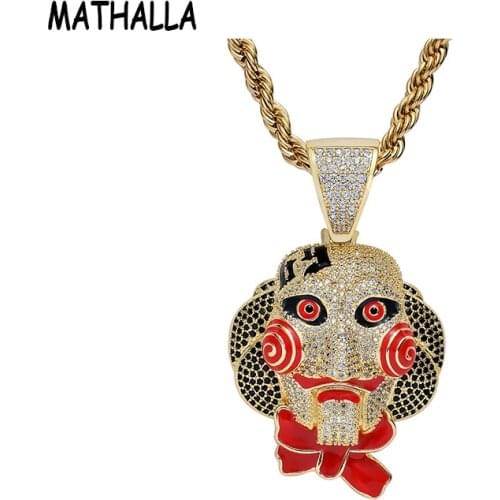 MATHALLA Personality Cartoon face Pendant Necklace Charm Gold Color Ice Cubic Zircon Mens Hip hop Rock Jewelry For Gift