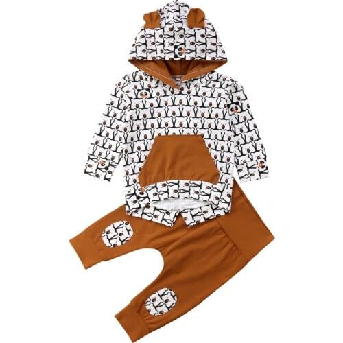 Autumn Winter Lovely Causal Toddler Baby Girls Boys Clothes Sets 2PCS Long Sleeve Hooded Cartoon Bear Print Sweatshirt Tops+Pant