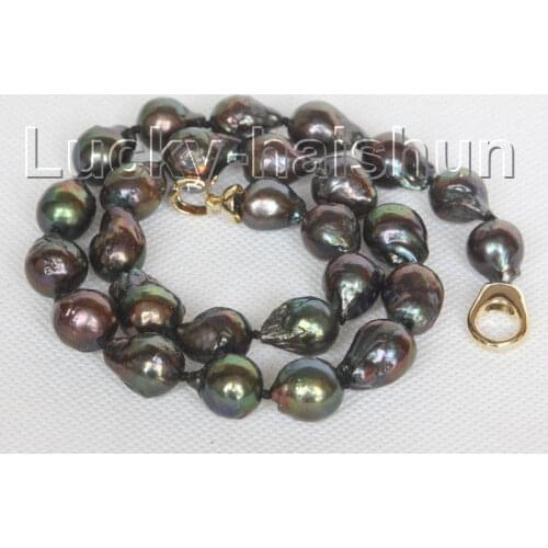 Natural baroque 18" 16mm peacock black Reborn keshi pearls necklace>Selling jewerly free shipping