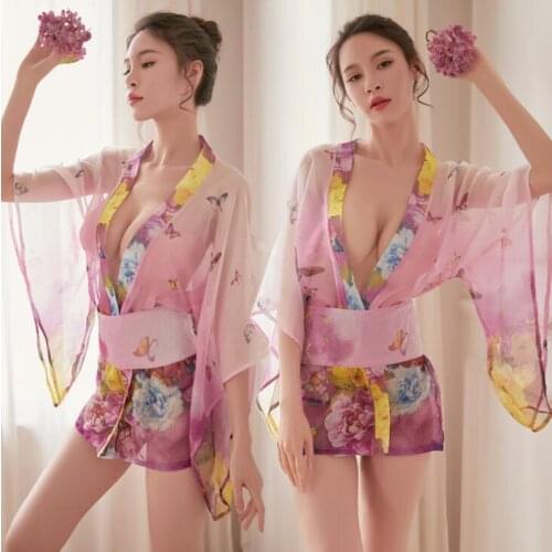 Print Coat Japanese Cosplay Costume Sexy Short Kimono Chiffon Cardigan Woman Uniform Outer Garment