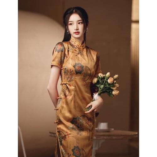 Chinese Dress Woman Yellow Plus Large Size Qipao Satin Cheongsam Long Cheongsam Dress Traditional Retro Qipao Oriental Dress