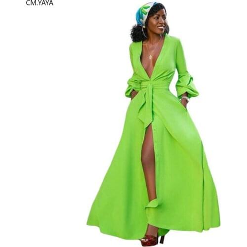 Women Long Sleeve Turn-down Neck Button Up High Waist Sashes Long Dress Female Elegant High Slit Maxi Dresses Vestidos GL6206