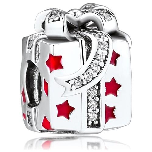 Fandola CKK 925 Sterling Silver Sparkling Stars Gift Box Charm, Red Enamel Fits Pandora Bracelet Charms DIY Jewelry Making