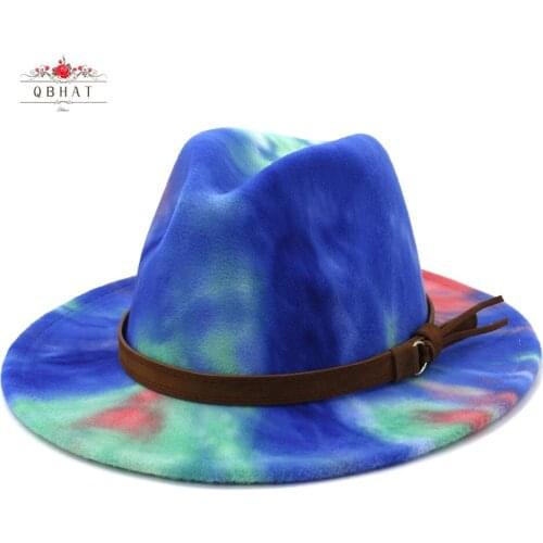 QBHAT Tie Dye Wool Felt Jazz Fedora Hats for Women Lady Men Party Hat Wide Brim Panama Church Sombrero Cap Brown Belt Docor
