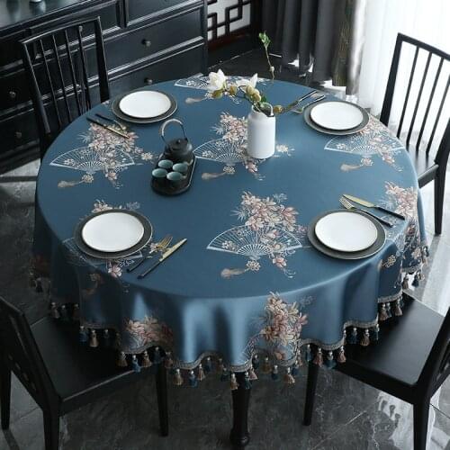 Luxury Traditional Round Tablecloth 180 cm 160 cm 200cm Table Cover Dining Coffee Soft Jacquard Flower Tassels Home Decor Blue