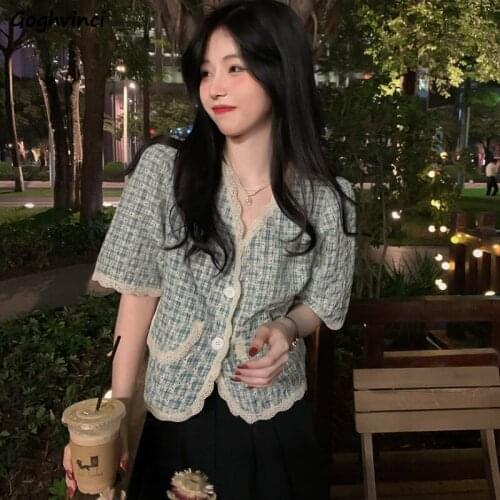 Shirts Women Lace All-match Leisure Breathable V-neck Summer Plaid Slim 90s Korean De Moda Mujer Roupa New-Fashion Feminine Soft