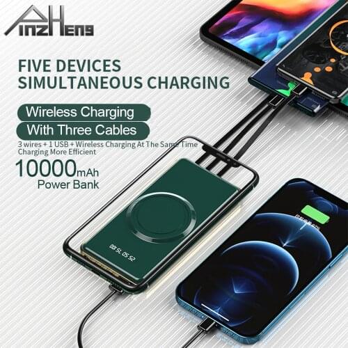 PINZHENG 10000mAh Wireless Power Bank For Xiaomi iPhone Samsung PowerBank Portable Charger Battery USB Poverbank With 4 Cables