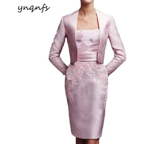 YNQNFS M94 Satin Two Piece Mother of the Bride Groom Dresses with Long Sleeves Jacket Bolero Pink Wedding Guest Wear Party Gown