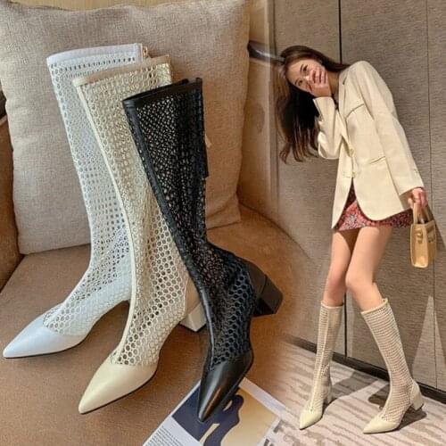 Women 's Summer Boots 2021 Thick Heel Hollow Female Mesh Sand Long Boots Pointed Toe Sexy Girl Sandals Woman Sandals Fashion