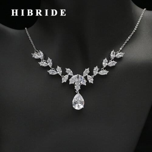 HIBRIDE Elegant Leaf Design Cubic Zirconia Pendant Dubai Jewelry Set Women Bridal Necklace Earring For Engagement Gifts N-244