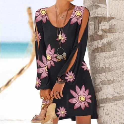 2021 Summer Ladies O-Neck Mini Dress Women Long Sleeve Printing Beach Dresses Sexy Hollow Out Plus Size Loose Dress XXXL Vestido