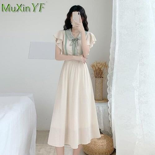 Womens Summer Chiffon Long Dresses 2021 Lady French Graceful Ruffle Sleeve Skirts Girls Student Cute Bow-Knot Doll Collar Dress