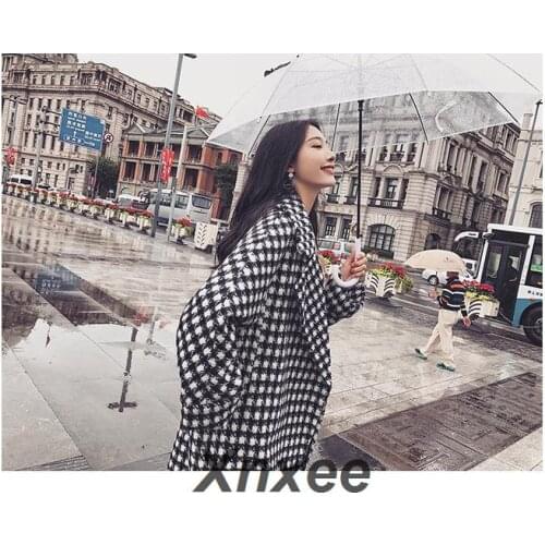 Plaid Women Winter Wool Blend Coat Open Stitch Wool Coat and Jacket Vintage Outerwear Xnxee