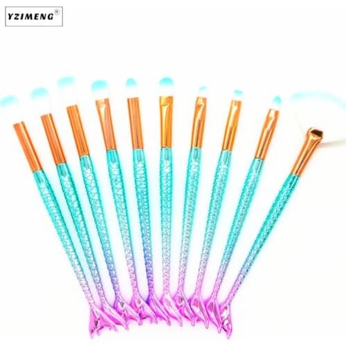 10Pcs Mermaid Makeup Brushes Foundation Eyebrow Eyeliner Blush Set Cosmetic Concealer Fish tail Makeup Brushes Set Tools Pincel