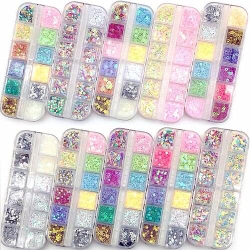 12 Grids/Sets Nail Glitter Sequin Mixed Mirror/Meramid/Sugar Round DIY Flake Nail Art Decorations