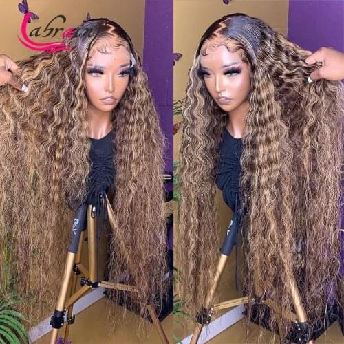 13x6 HD Lace Frontal Human Hair Wigs Deep Wave Highlight Honey Blonde Lace Front Kinky Curly Wig 30 Full Ombre Brown Color Woman