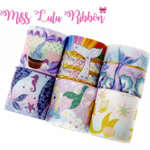 16mm-75mm Mermaid Series Scale Shell Printed Grosgrain/Foe Ribbon Gold Stripes Hair Bowknots Making 50yards/roll