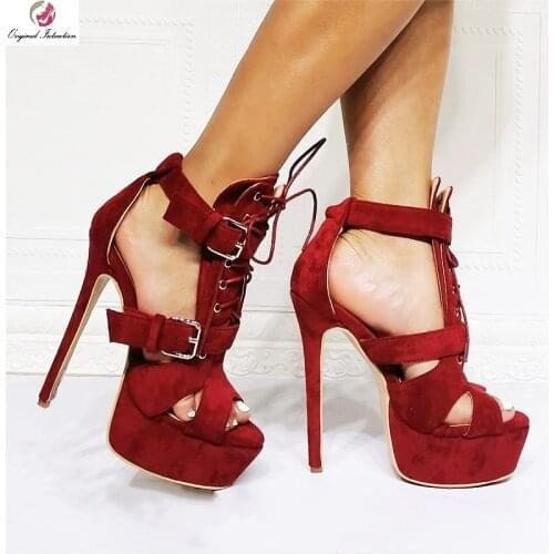 2021 Summer Women 12cm Thin High Heels Sandals Classic Burgundy Flock Platform Pumps Lady Peep Toe Wedding Shoes Plus Size 34-52