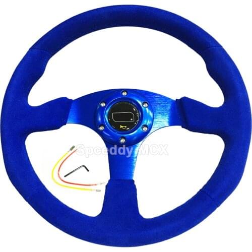 Spceddy MCX Car Steering Wheel Blue Suede 14 Inch 350mm Steering Wheel Universal Flat Racing Steering Wheels 6 Bolt With OM-Logo