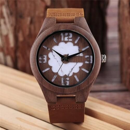 Top Gifts Wooden Watches for Men Vintage Coffee Unique Marble Dial Mens Watch Clock Wood Green Quartz Analog Watch Reloj Hombre