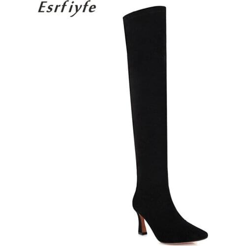 ESRFIYFE 2020 New Sexy High Heels Thigh High Boots Women Flock Over The Knee Boots Ladies Autumn Winter Long Boots Large Size 17