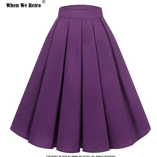 Purple Retro Floral Print Vintage Pleated Skirts Womens 2021 High Waist Plus Size Midi Skirt Cotton Summer Swing Skirt SS0012
