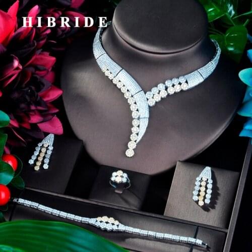 HIBRIDE Fashion Luxury Double Tone Women Wedding Naija Bridal Cubic Zirconia Necklace Dubai Dress Jewelry Set N-847
