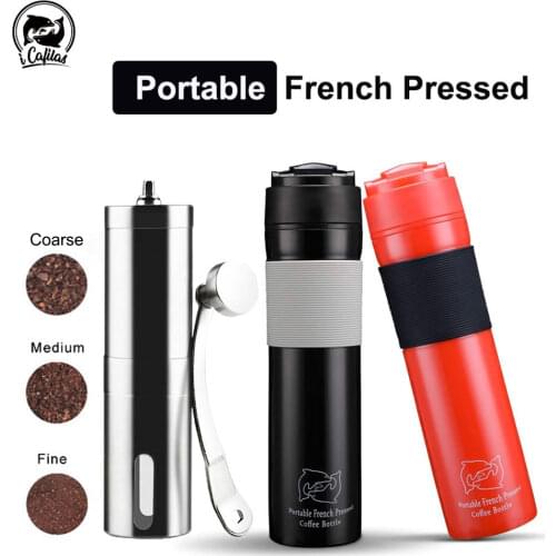 350ML Portable French Pressed Coffee & Tea Bottle with Coffee Manual Grinder Coffee Filter Bottle Hand Press Maker for Car