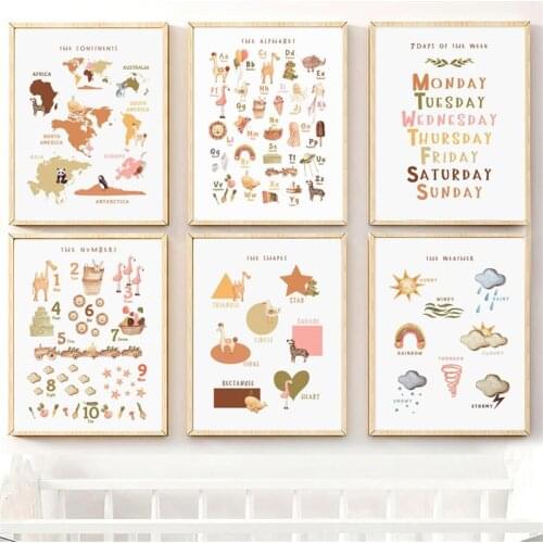Children Educational Poster Cartoon Animal Number Alphabet Weather Shapes Fruit Color Canvas Painting Kids Room Decor Wall Art
