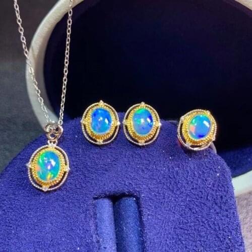 Opal Set 100% Opal jewelry set Natural And Real Opal 925 sterling silver 1pc pendant,1pc ring,2pcs Earring