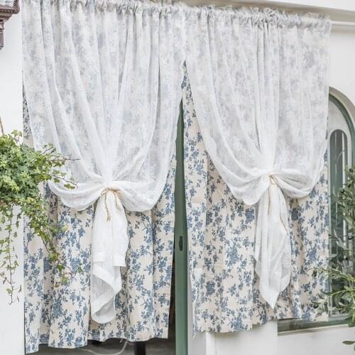 Half-shading Lace Blue Flower Cotton linen Coffee Door Tie Curtains Free Perforation Bedroom Short Curtains For The Room